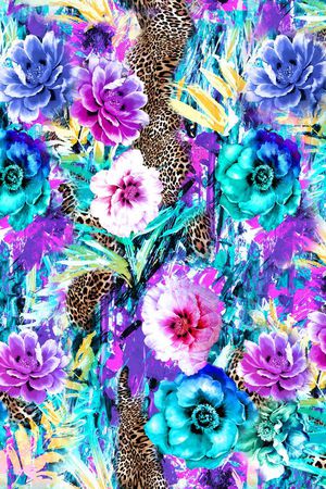 数码  豹纹 大花  花卉 花朵 拼贴 动物纹 服装印花华亿平台图片