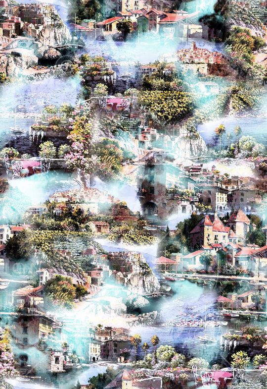 油画 风景 建筑 烟雾 缭绕 仙境  房屋 印花华亿平台图片