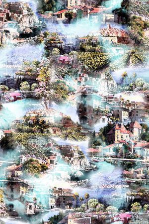 油画 风景 建筑 烟雾 缭绕 仙境  房屋 印花华亿平台图片