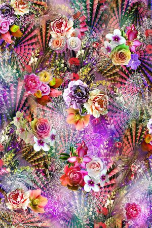 数码 炫彩 底纹 镂空 大花朵 花卉 彩色 拼贴 几何印花华亿平台图片