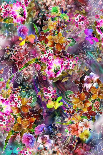 数码 炫彩 镂空 线条 大花 油画 花朵 花卉 印花华亿平台图片