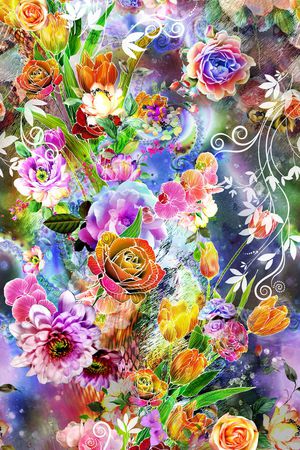 数码 多彩 镂空 线条 花朵 大牡丹 花卉 服装印花华亿平台图片