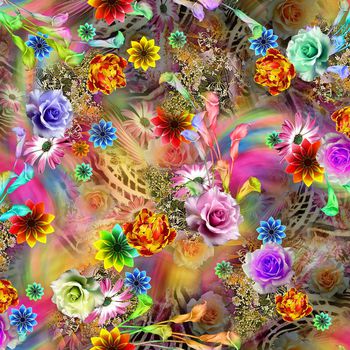 数码 时尚 流行 多彩 底纹 大花朵 花卉 拼贴 立体印花华亿平台图片