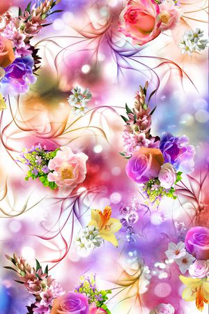 数码 服装 花卉 花朵 多彩 底纹 灵动 线条 花束印花华亿平台图片