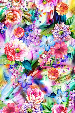 数码 炫彩 长绿叶 底纹 大花朵 小花丛印花华亿平台图片