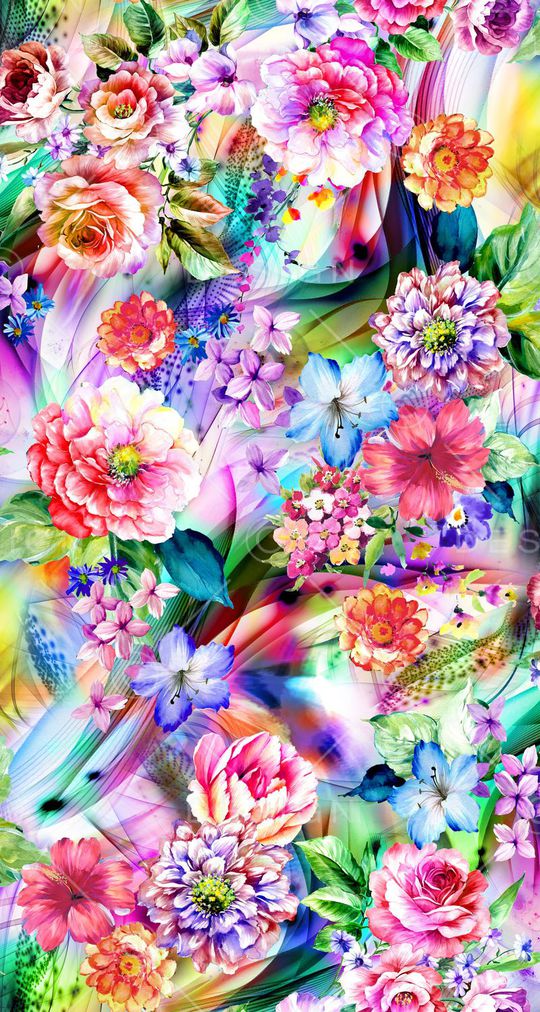 数码 炫彩 长绿叶 底纹 大花朵 小花丛印花华亿平台图片