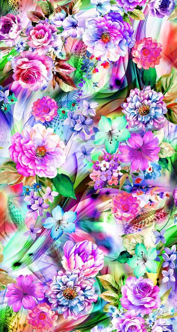 249530-数码炫彩长绿叶底纹大花朵小花丛