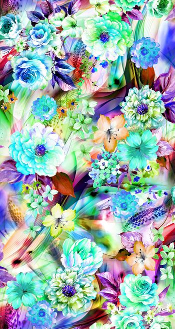 249532-数码炫彩长绿叶底纹大花朵小花丛