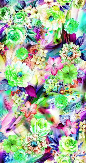 249533-数码炫彩长绿叶底纹大花朵小花丛