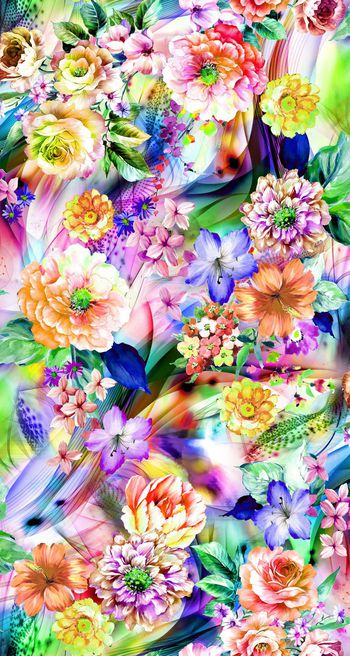 249534-数码炫彩长绿叶底纹大花朵小花丛