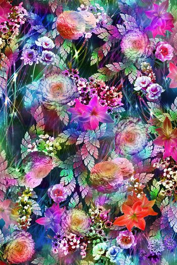 249750-数码服装花彩色条底纹多彩树叶大花朵