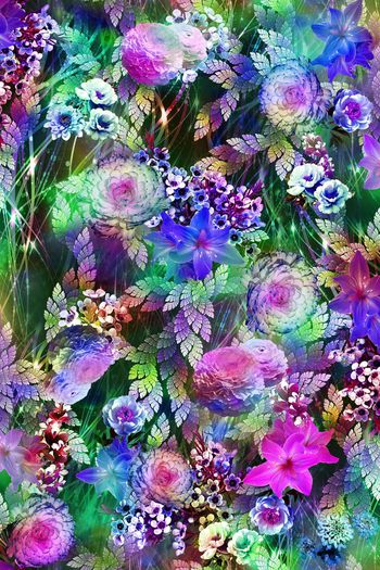 249751-数码服装花彩色条底纹多彩树叶大花朵