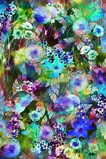 249752-数码服装花彩色条底纹多彩树叶大花朵