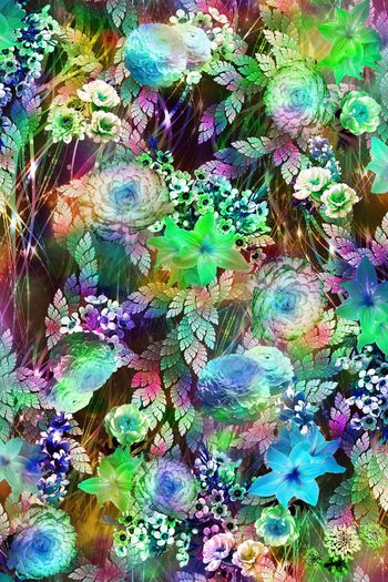 249753-数码服装花彩色条底纹多彩树叶大花朵