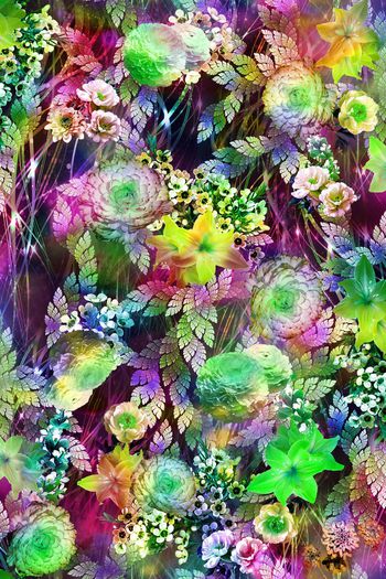 249754-数码服装花彩色条底纹多彩树叶大花朵