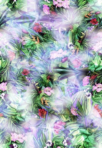 250689-热带花卉花朵树叶组合