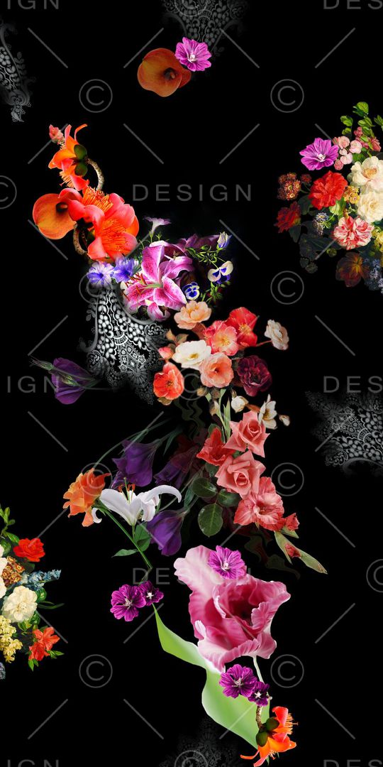 黑底 花卉 蕾丝 欧式印花华亿平台图片