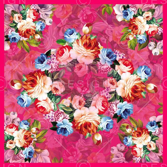 花卉 红色 桃红 方巾 边框印花华亿平台图片