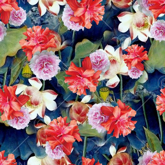 水彩 写实 花卉 清新 淡雅 牡丹 莲花 满底印花华亿平台图片