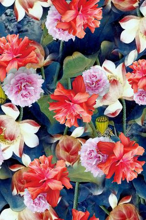 水彩 写实 花卉 清新 淡雅 牡丹 莲花 满底印花华亿平台图片