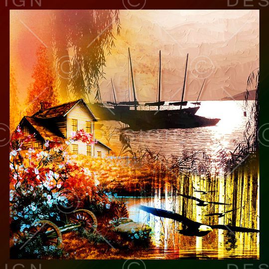 方巾 边框 风景方巾 边框 油画 风景 景色印花华亿平台图片