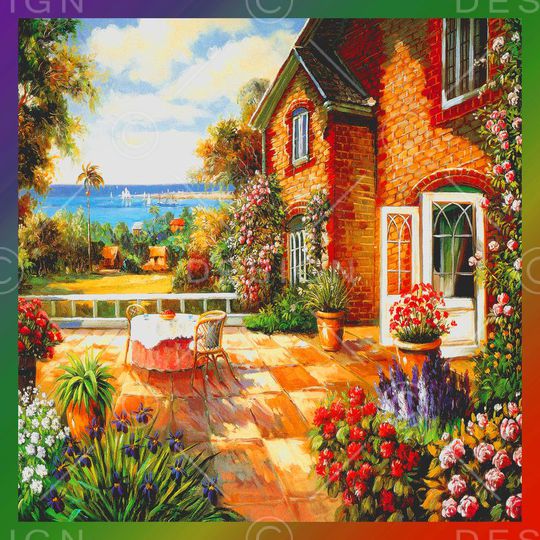 方巾 边框 油画 风景 景色印花华亿平台图片