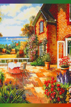 方巾 边框 油画 风景 景色印花华亿平台图片