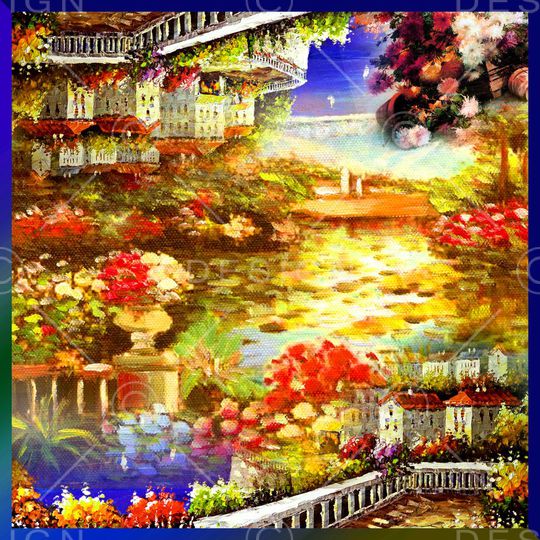 方巾 边框 油画 风景 景色 花园印花华亿平台图片