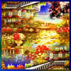 方巾 边框 油画 风景 景色 花园印花华亿平台图片
