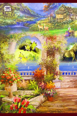 方巾 边框 油画 风景 景色 花园印花华亿平台图片