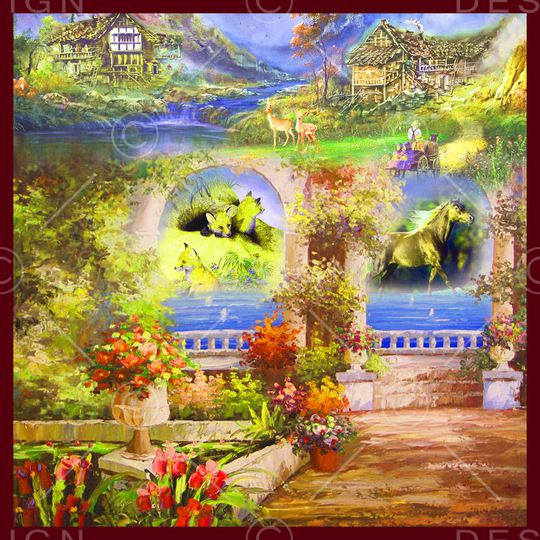 方巾 边框 油画 风景 景色 花园印花华亿平台图片