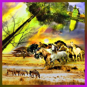 方巾 边框 油画 风景 景色 动物 马匹印花华亿平台图片