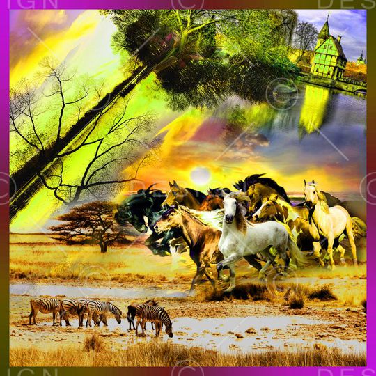 方巾 边框 油画 风景 景色 动物 马匹印花华亿平台图片