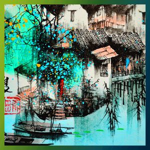 方巾 边框 油画 风景 景色 中国水乡印花华亿平台图片