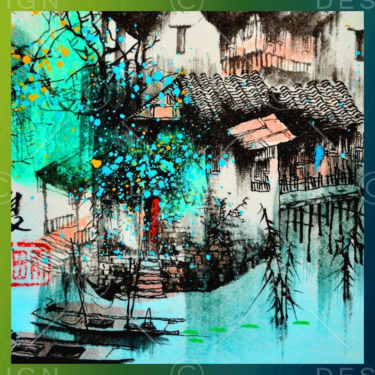 方巾 边框 油画 风景 景色 中国水乡印花华亿平台图片