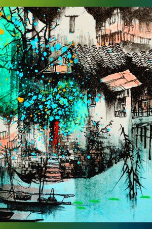 方巾 边框 油画 风景 景色 中国水乡印花华亿平台图片