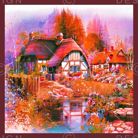 方巾 边框 油画 风景 景色印花华亿平台图片