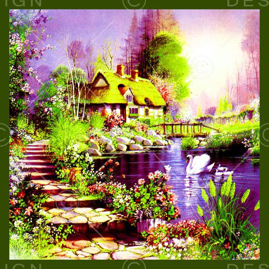 方巾 边框 油画 风景 景色印花华亿平台图片