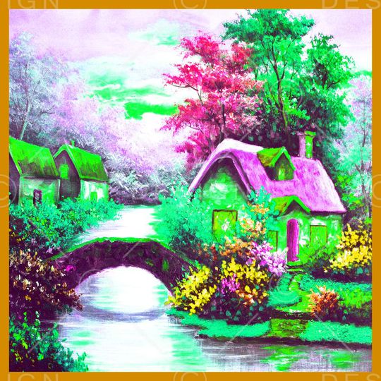 方巾 边框 油画 风景 景色印花华亿平台图片