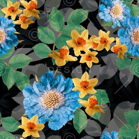 黑底 花卉 树叶 写实 老年装 老年人印花华亿平台图片