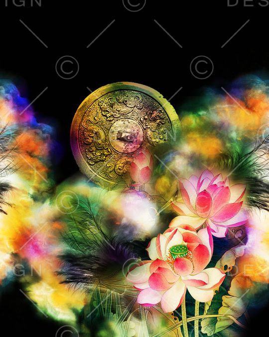 定位 名族风 中国风 荷花 烟雾  黑底 高贵 华丽 大气印花华亿平台图片