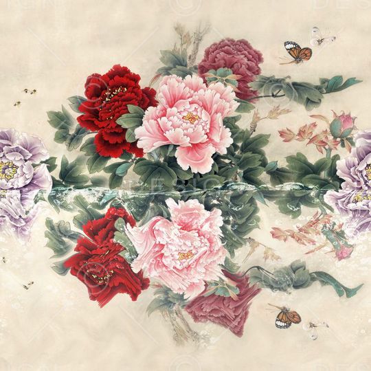 定位 中国风 工笔画 牡丹 清新 淡雅印花华亿平台图片