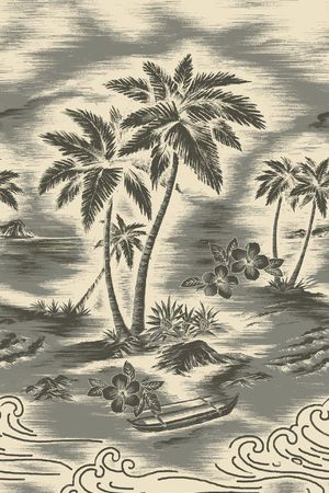 热带风情 椰树 植物 风景 版画效果 复古印花华亿平台图片