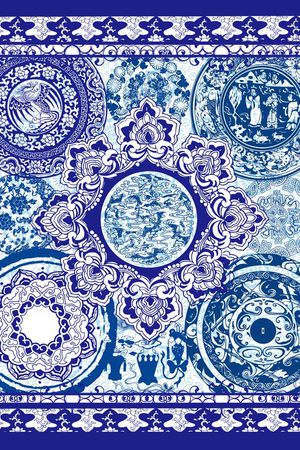 抽象 复古 中国风 青花瓷 方巾 高贵 淡雅 细致 花纹印花华亿平台图片