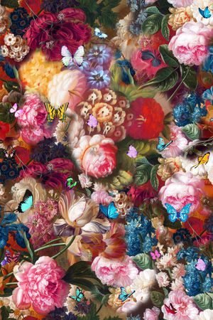 油画 花卉 复古 古典 满底 欧式 蝴蝶印花华亿平台图片