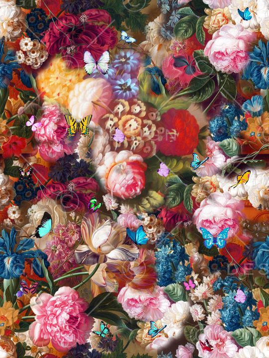 油画 花卉 复古 古典 满底 欧式 蝴蝶印花华亿平台图片