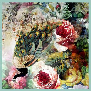 方框 方巾 孔雀 花卉 中国风印花华亿平台图片