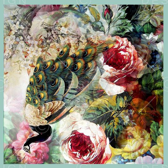 方框 方巾 孔雀 花卉 中国风印花华亿平台图片