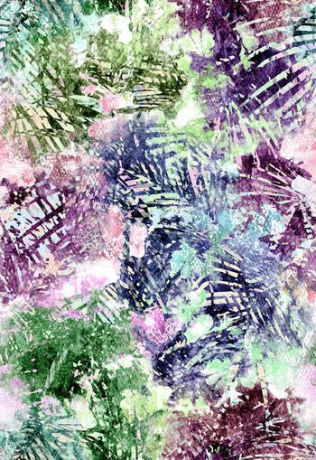 253756-多彩水彩水墨效果热带树叶椰树组合