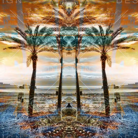 镜像 对称 热带风情 椰树 植物 方巾 风景印花华亿平台图片